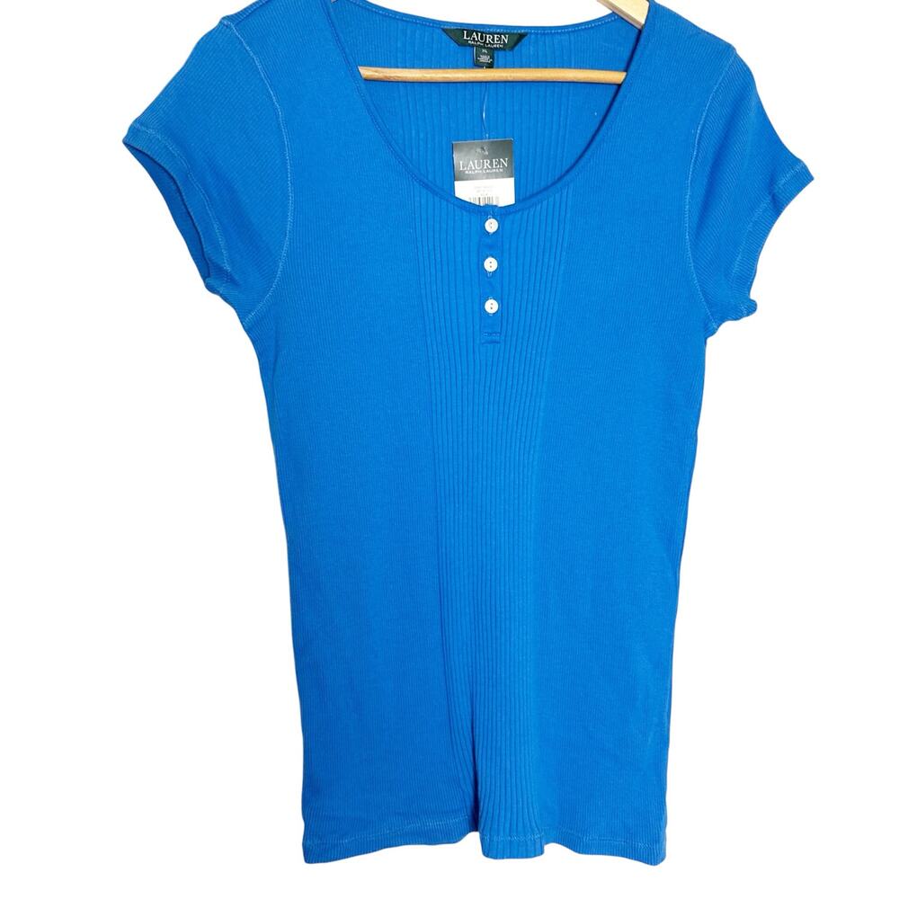 Lauren Ralph Lauren Blue Henley Scoop Neck Short Sleeve Rib Knit Slim Cotton Top
